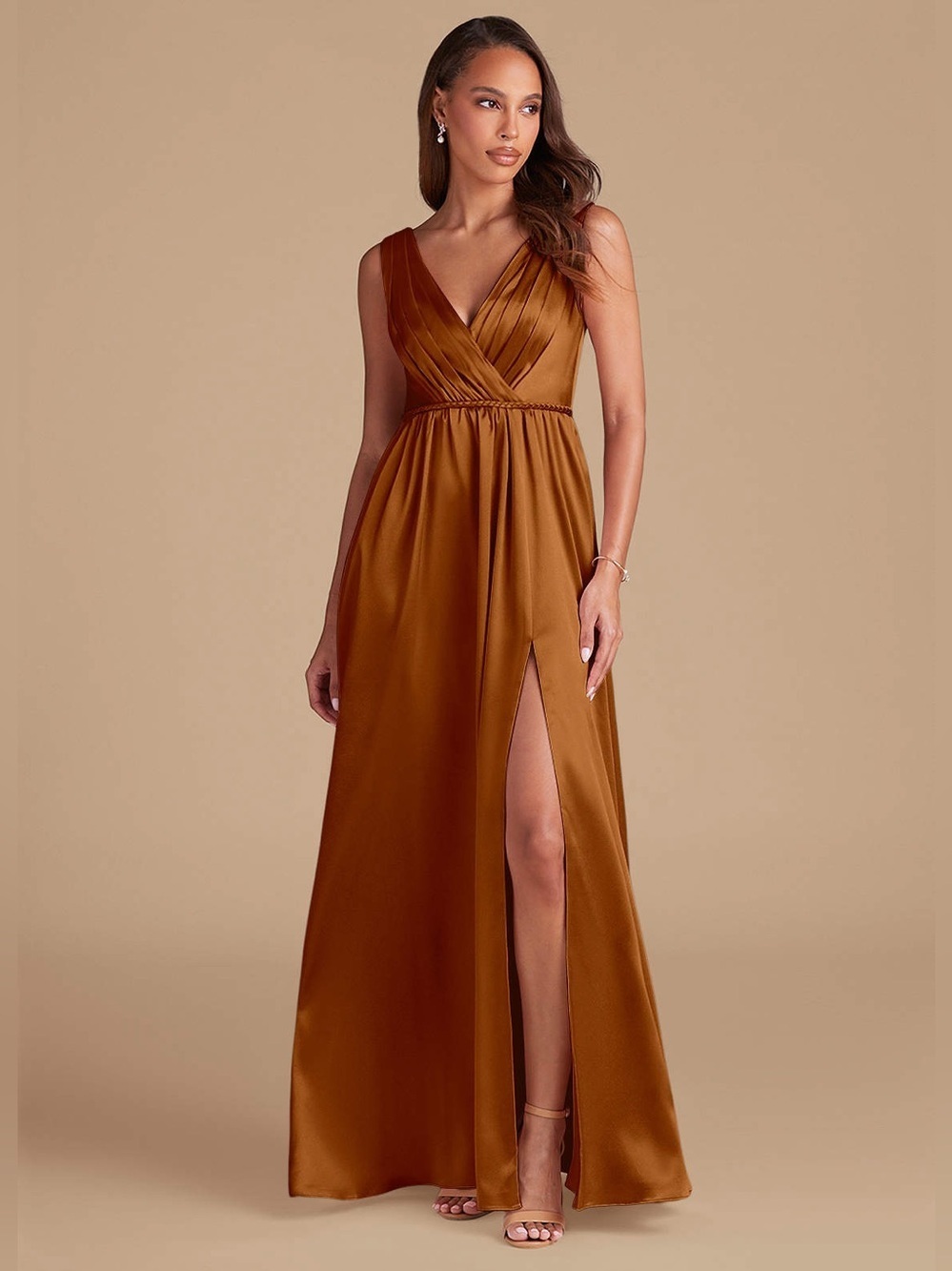 Azazie Tanicia Copper A-Line Pleated Metallic Long Satin Dress, Size A10